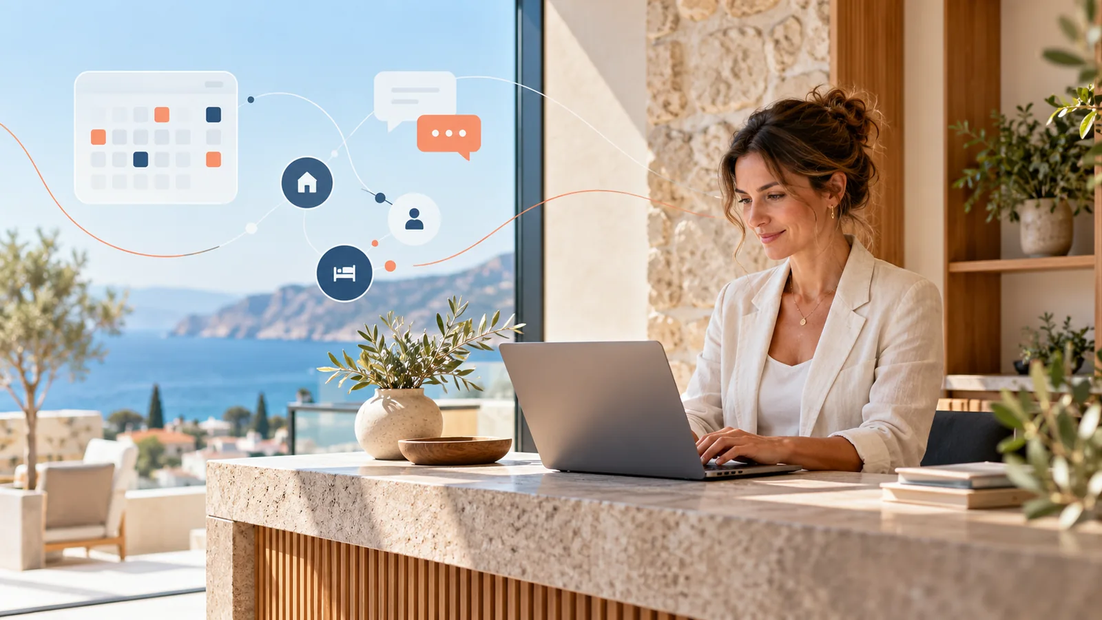 An accommodation manager works on a laptop in a modern hotel office, with illustrative calendar, messaging and workflow symbols.