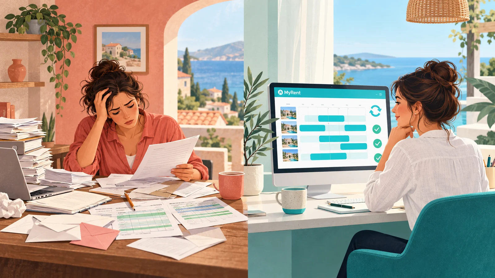 Manual booking administration amid papers and spreadsheets compared with calm work using an organized MyRent booking calendar